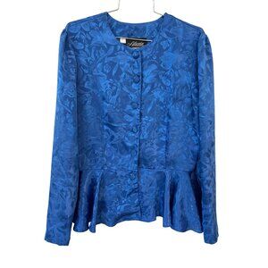 Vintage 80s Alexis Fashion Peplum Top Size 16 Button Long Sleeve Floral Jacquard